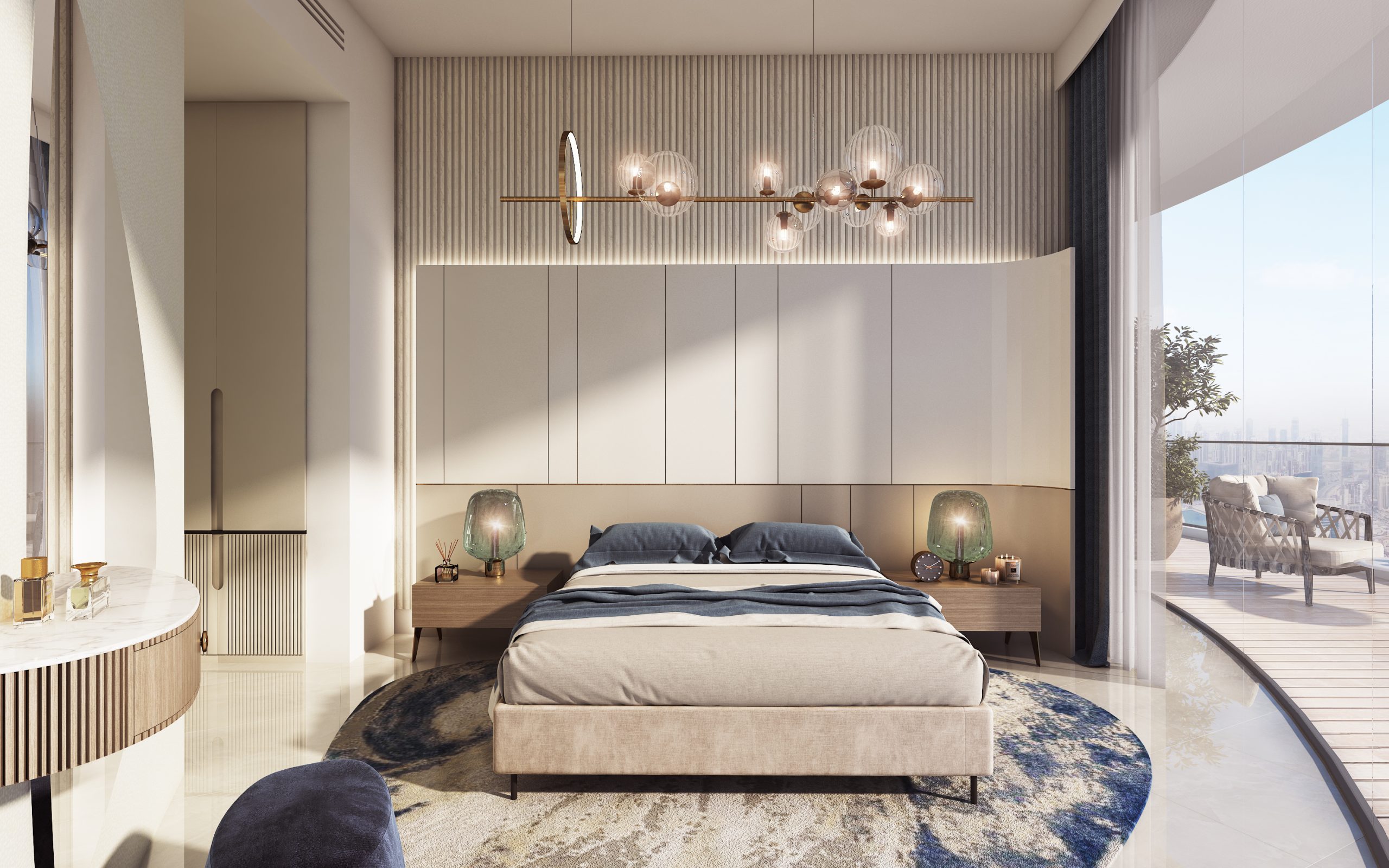 De GRISOGONO branded bedroom with blue accents and balcony access