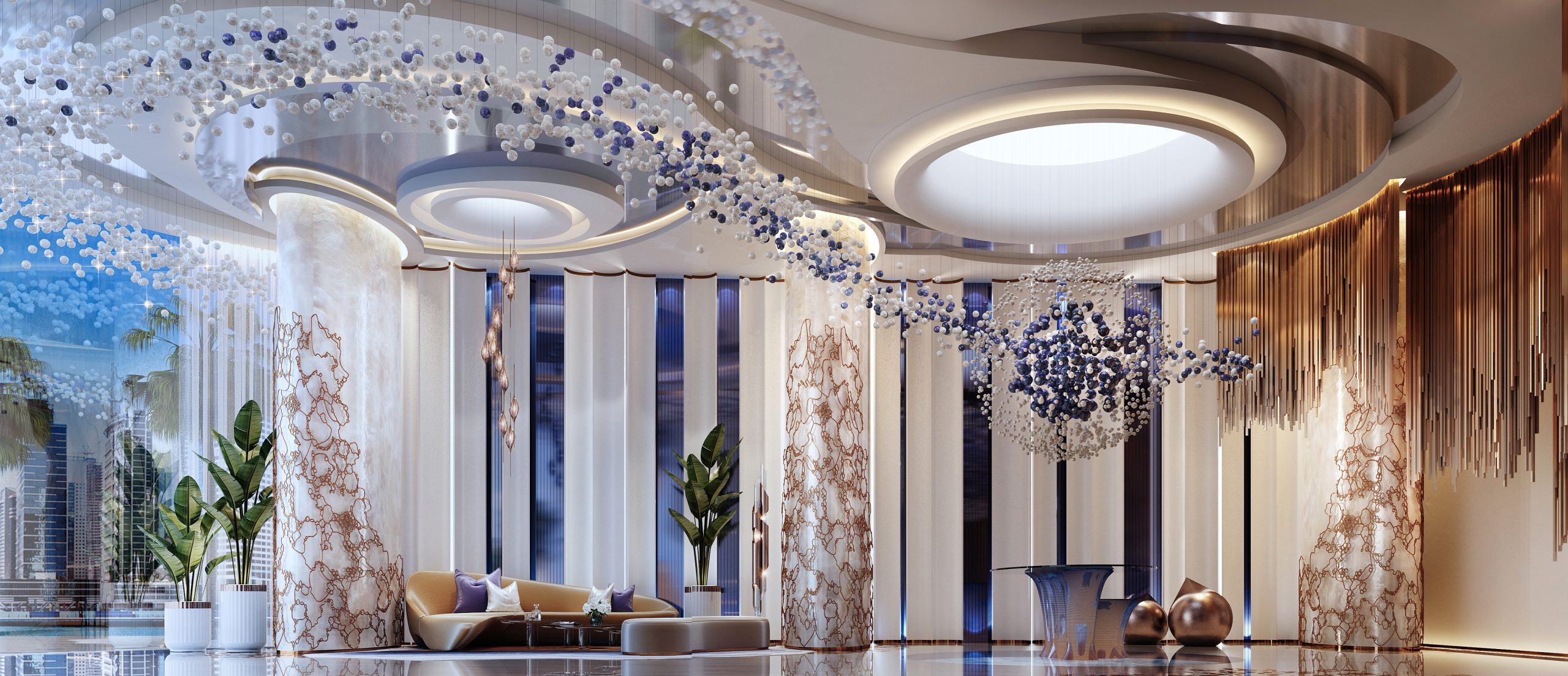 De GRISOGONO lobby with cascading crystal chandelier installation
