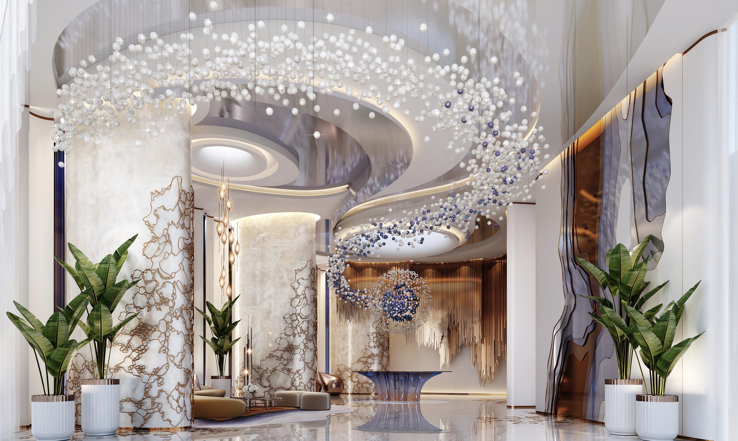 De GRISOGONO grand lobby with crystal cascading installation and marble floors