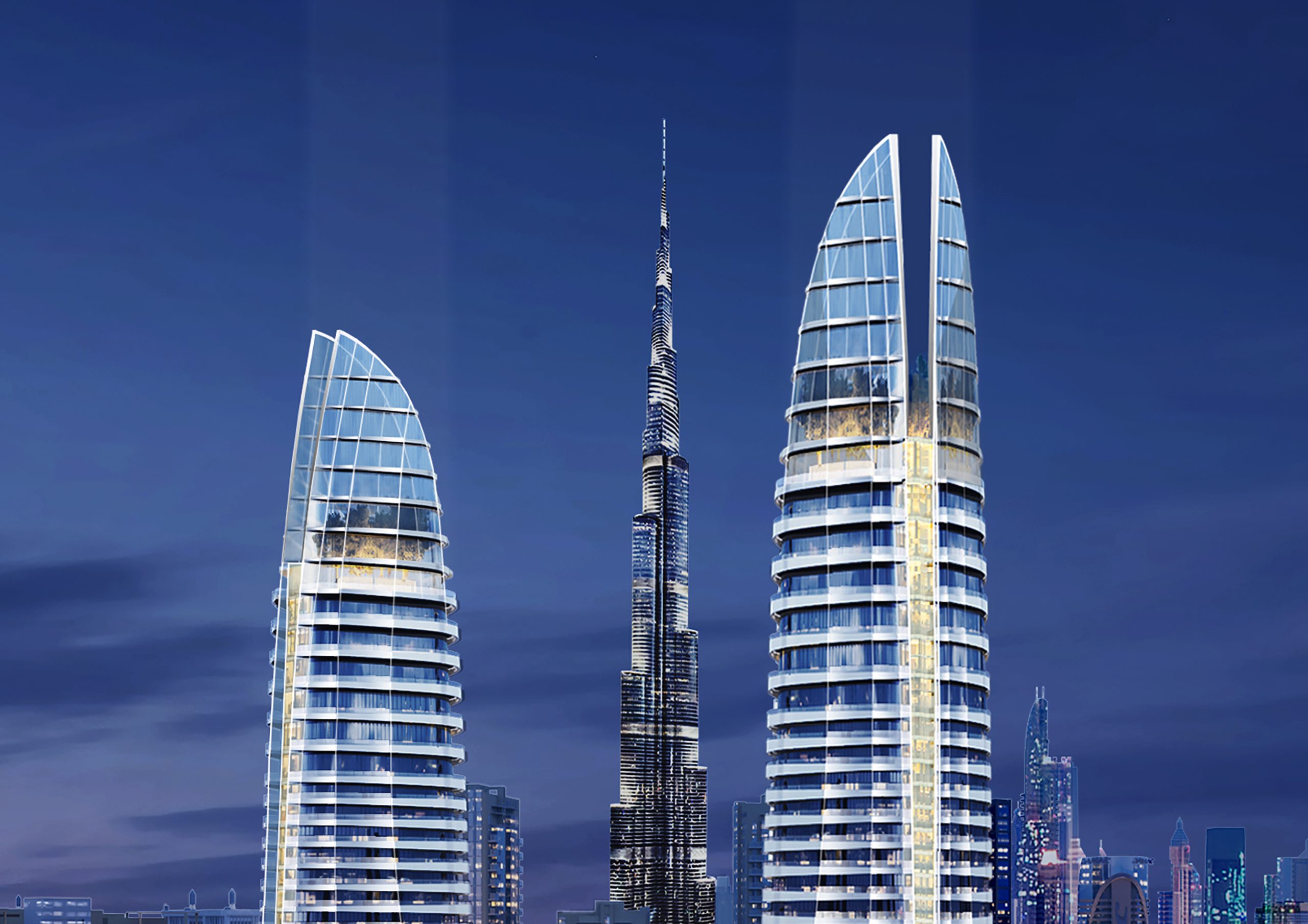De GRISOGONO branded towers illuminated at night, Dubai Canal waterfront
