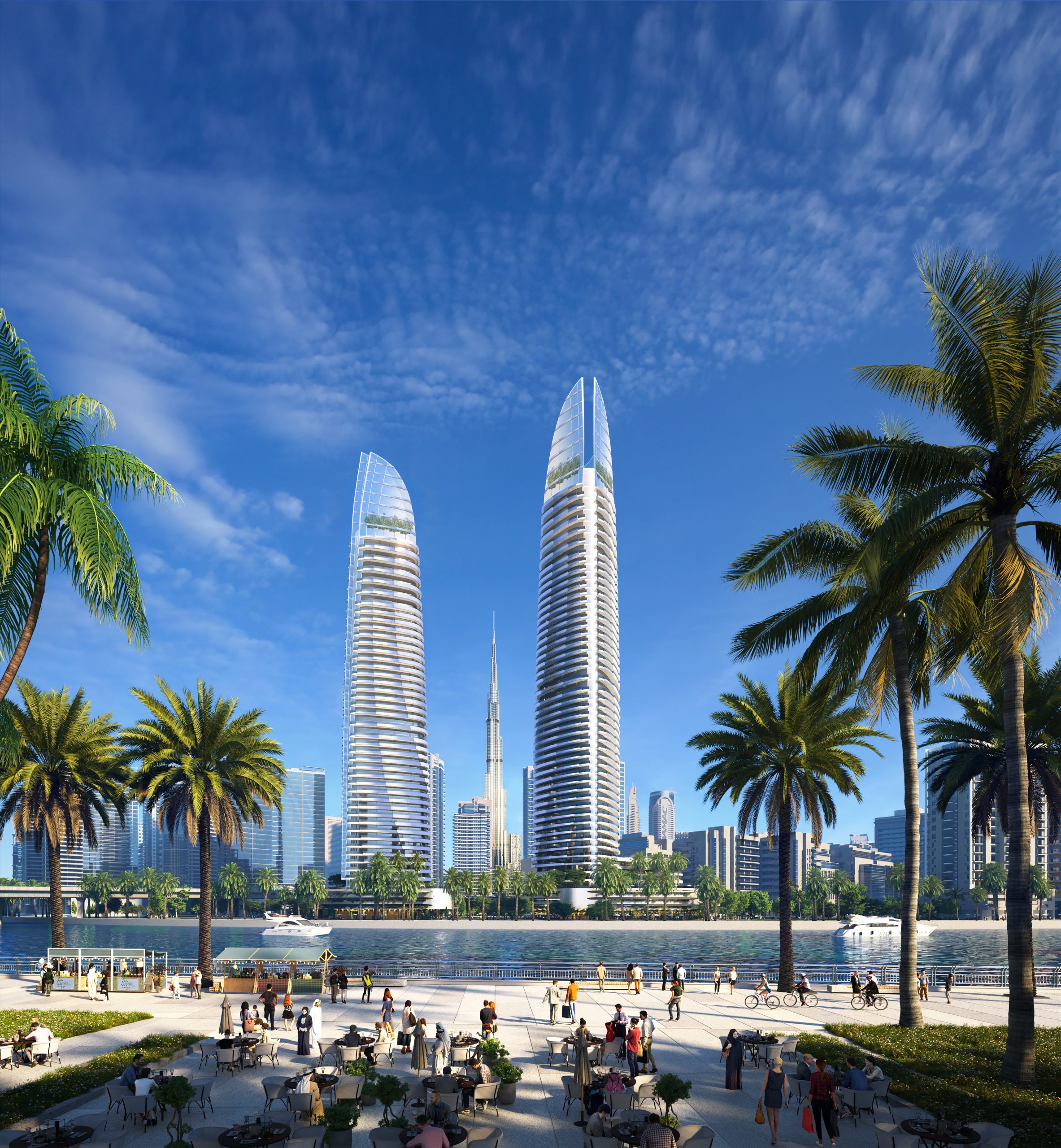Canal Heights by de GRISOGONO, twin towers on the Dubai waterfront with Burj Khalifa beyond