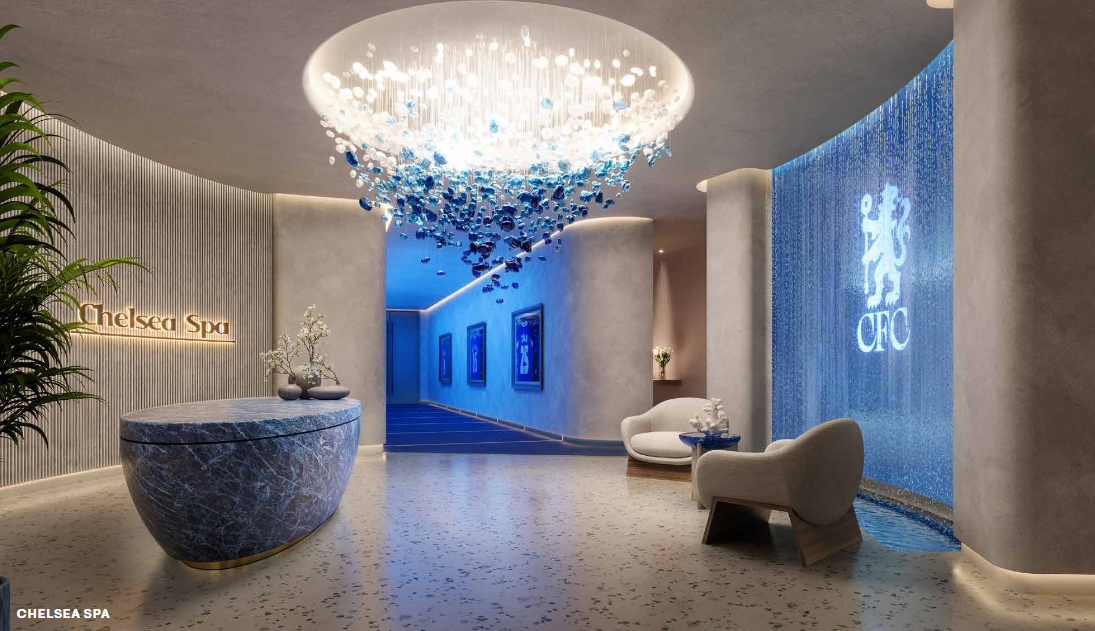 Chelsea Spa with crystal chandelier and blue stone reception