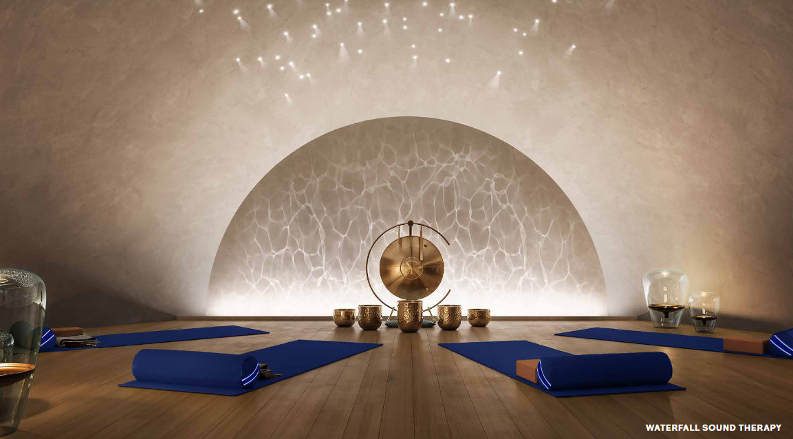 Waterfall Sound Therapy room with meditation bowls