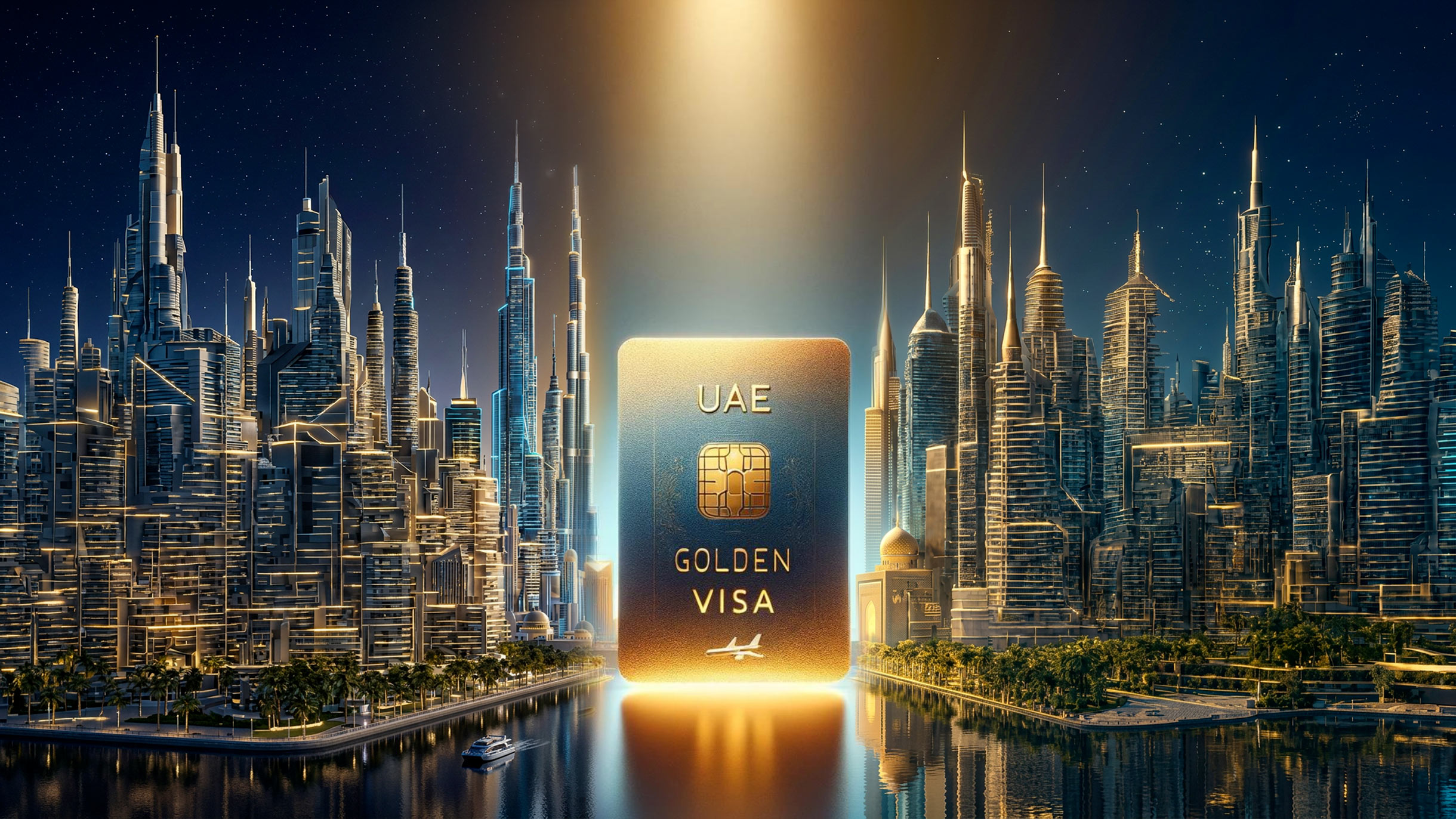 UAE Golden Visa card held over a Dubai skyline