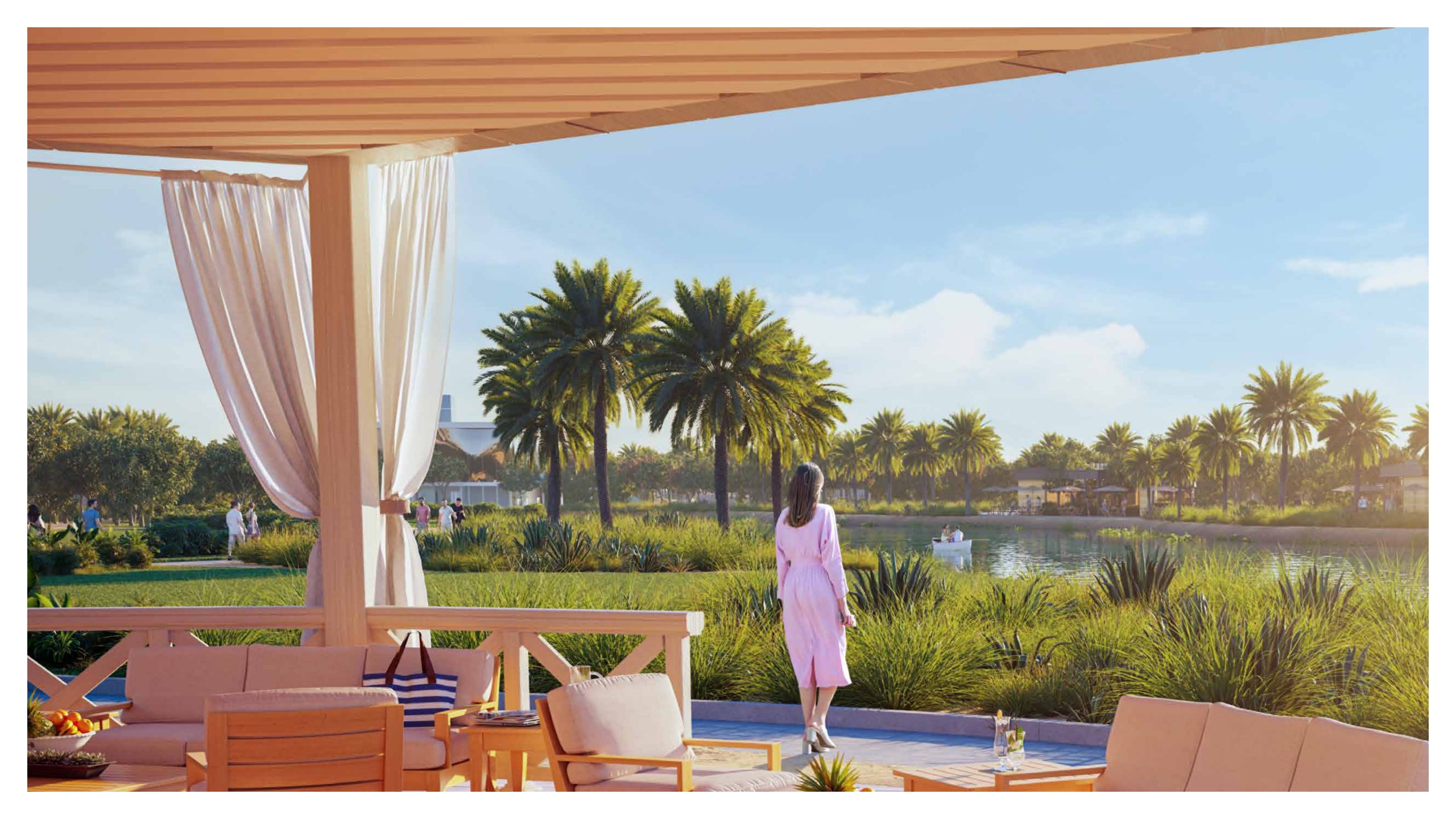 DAMAC Hills 2 lakeside cabana with palm trees