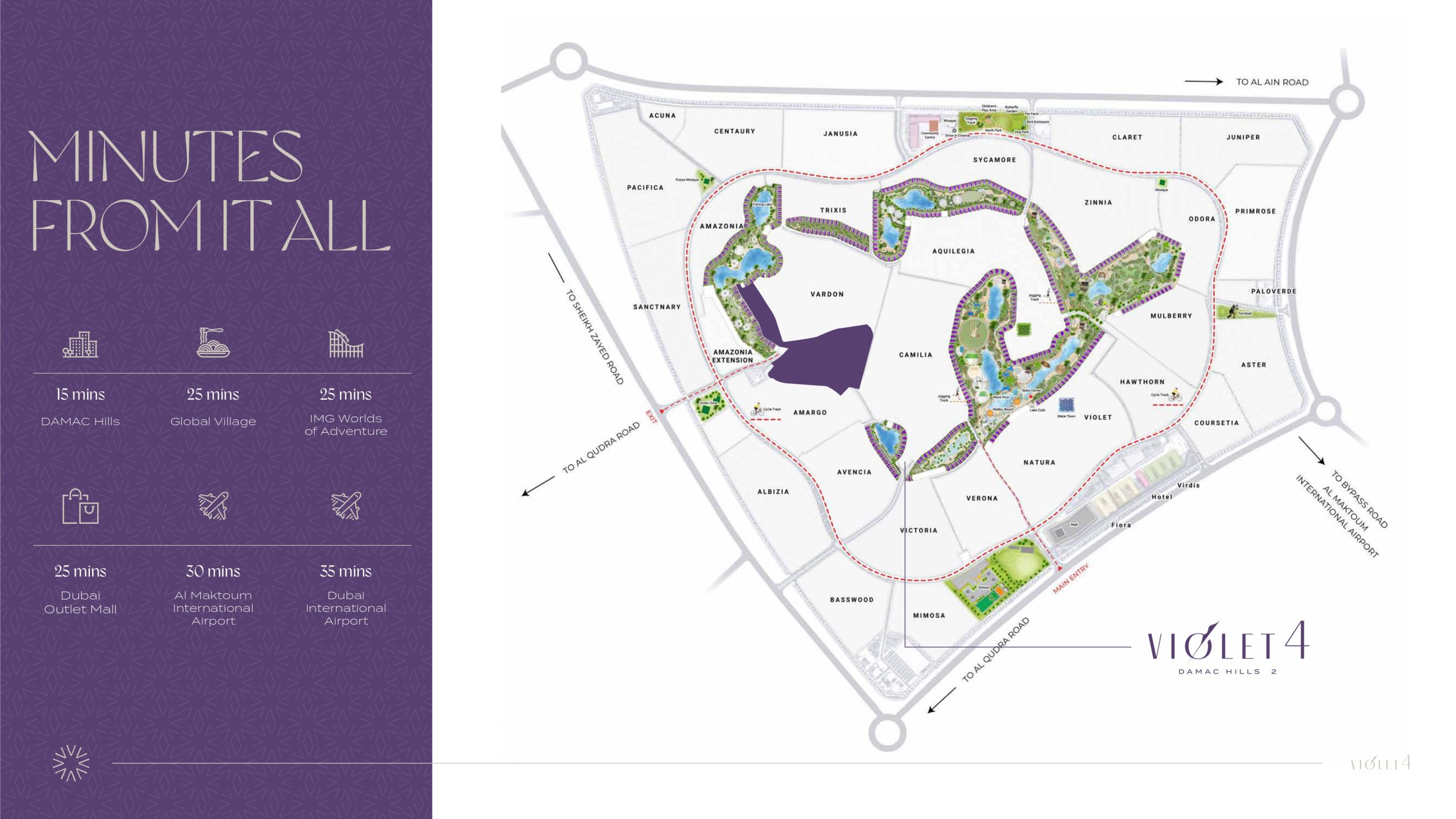 DAMAC Hills 2 masterplan with cluster locations and proximity map