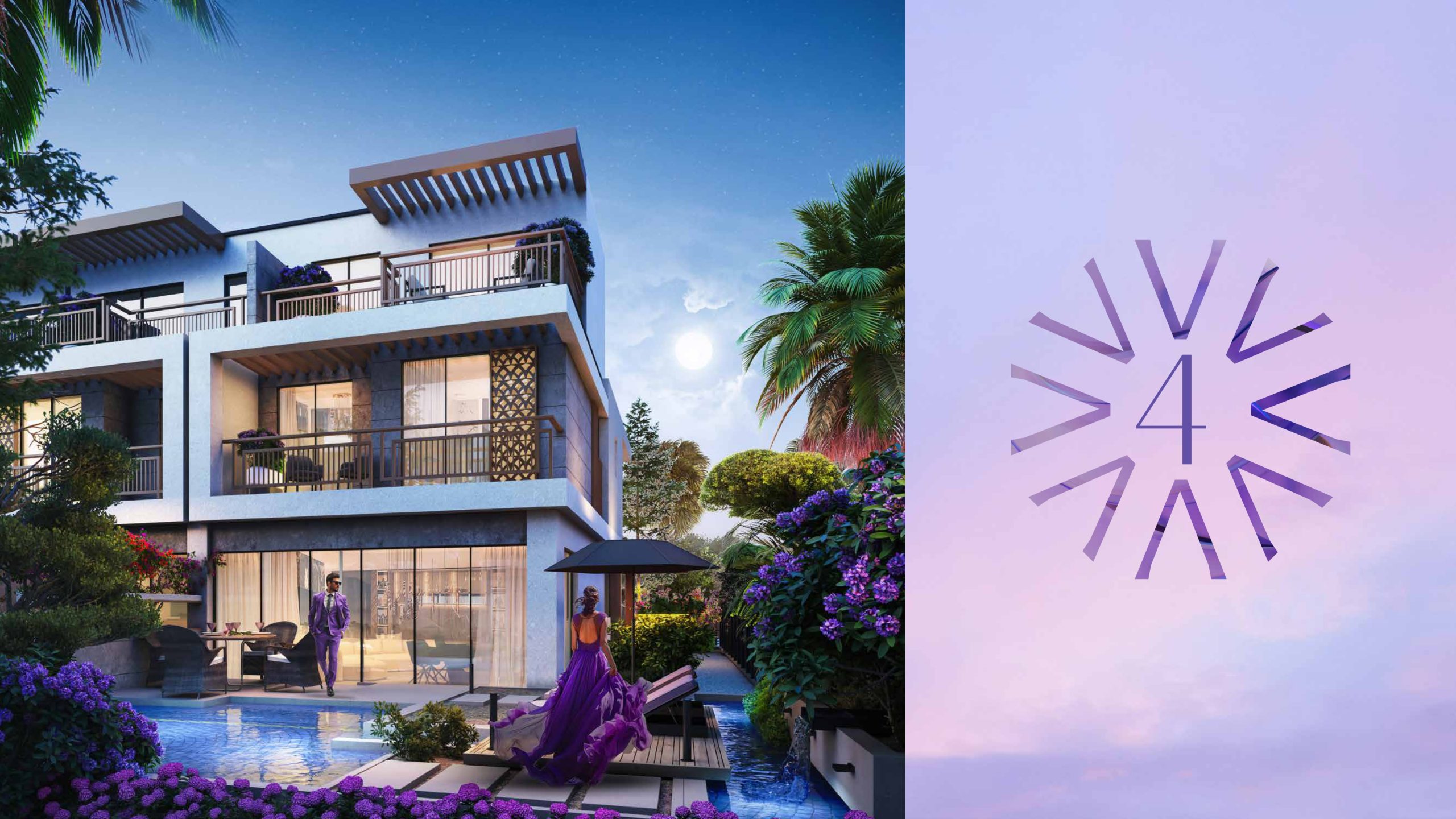 DAMAC Hills 2 villa with private pool at night, tropical garden setting
